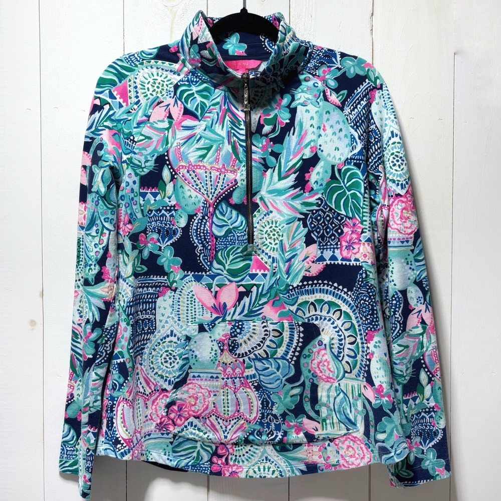 Lilly Pulitzer Cats Navy and Pink Floral Half-Zip Popover Jacket Size Small - Picture 5 of 16